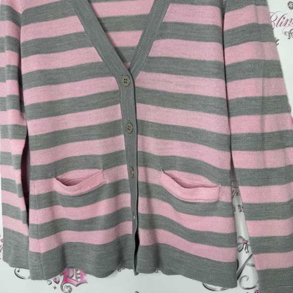 Haggar cardigan striped candy pink grey button up pockets soft sweater stripes - Picture 5 of 8